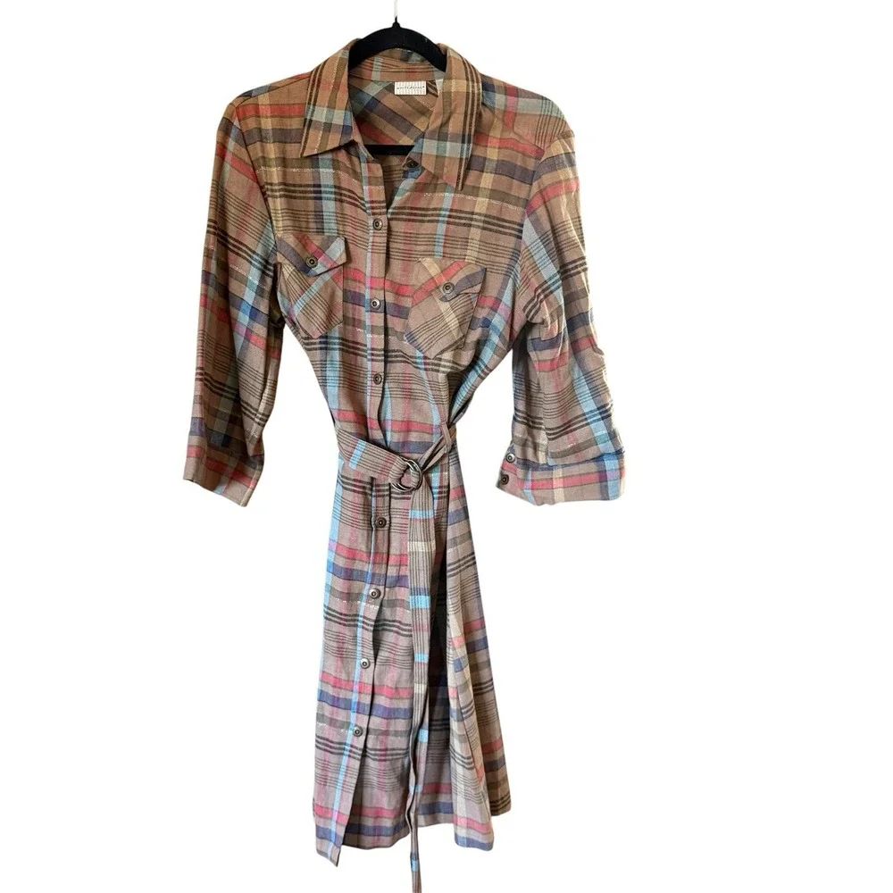 Vtg White Stag Dress 12 Plaid Midi Shirtdress Linen Blend Belt Button Front Y2K - Picture 2 of 16